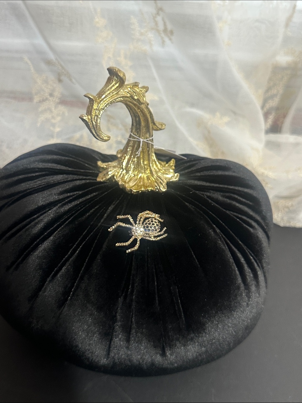 Gilded maple Halloween black velvet pumpkin with gold spider decor